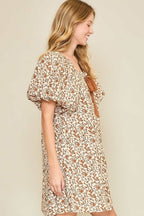 Umgee Mini Dress Caramel Floral Lace Tape Drawstring Puff Short Sleeve 9ed216a7-cf9c-4198-9755-32a926890990-Max Trendsi