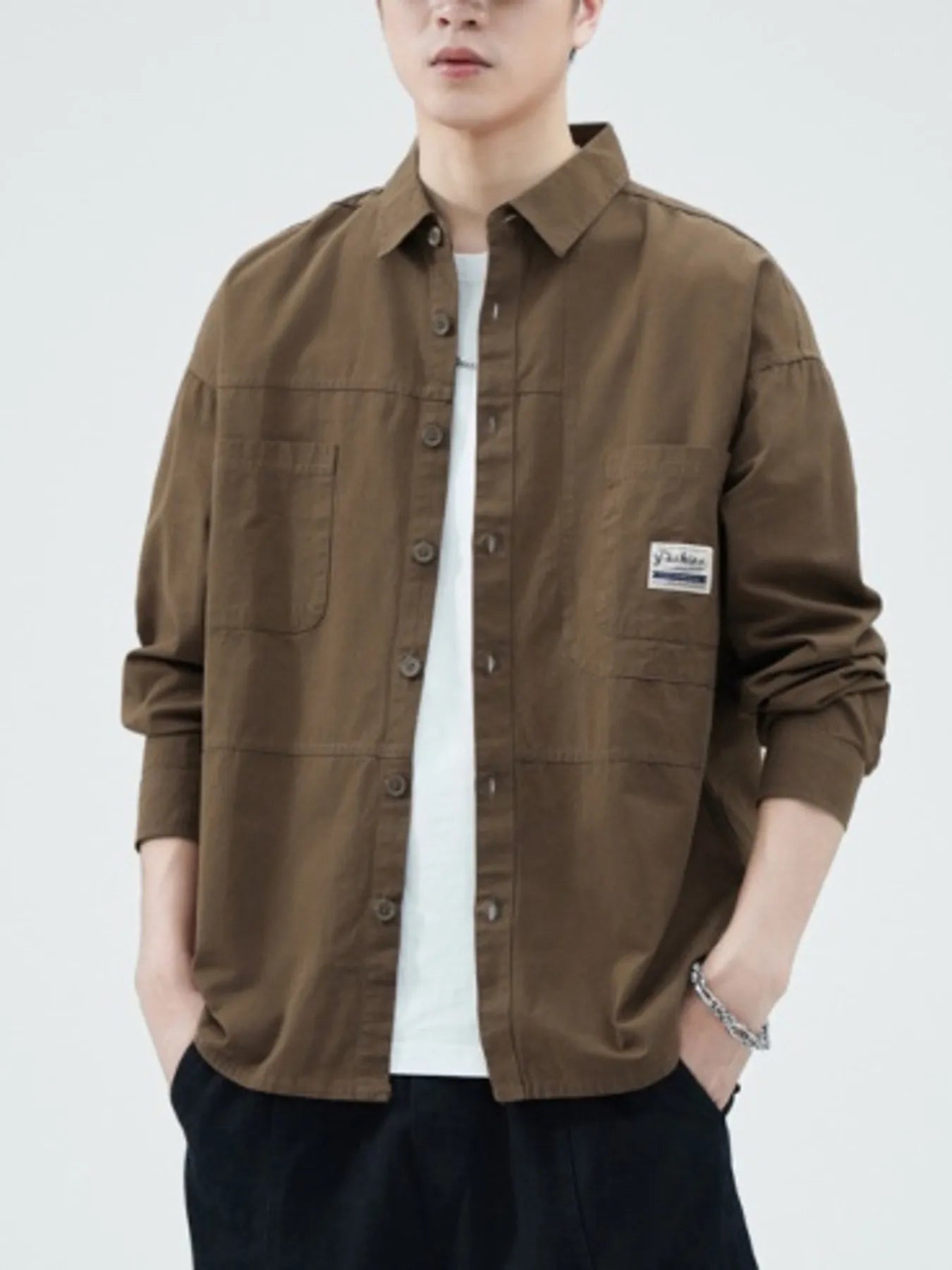 Men's Button Up Shirt Long Sleeve Casual Top with Front Pockets Brown 9ed310c2c77c486cb126556ed9c4bd40-Max-Origin Trendsi