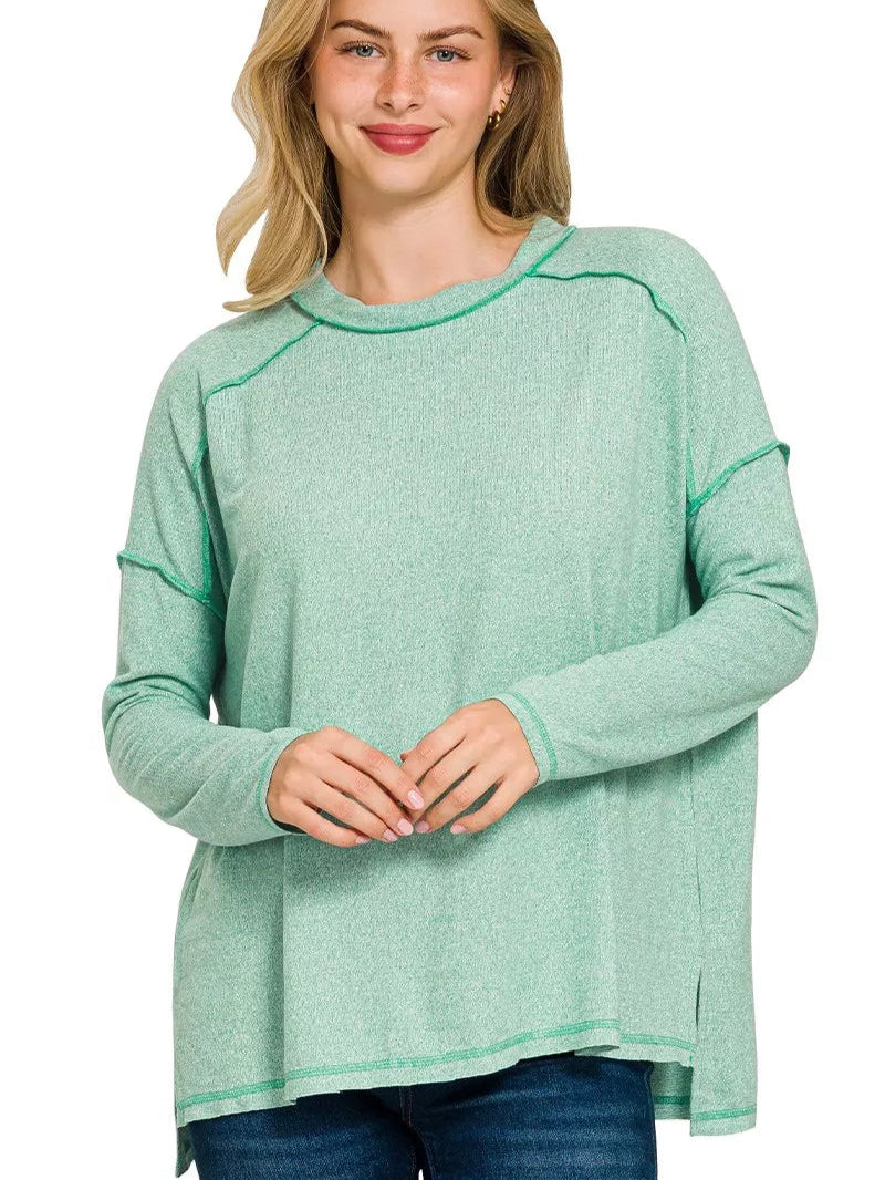 Zenana Women's Top Light Green Melange Hacci Exposed Seam Hi-low Tee K GREEN 9ee01a7aa69243f4867421dcf3bde0a4-Max-Origin Trendsi