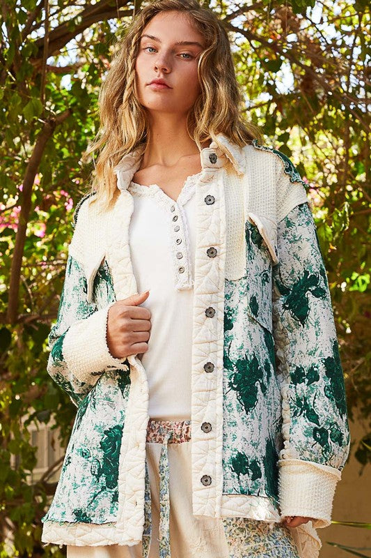 POL Quilted Jacket Jacquard Patch Collared Neck Green Floral Cream Coat