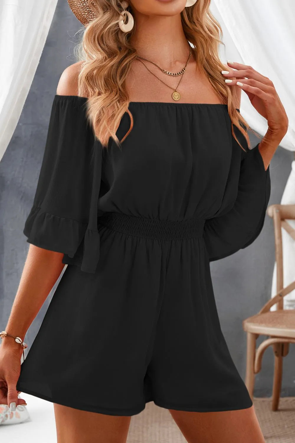 Women's Romper Black Off-Shoulder Ruffled with Elastic Waist 9eeb6811-e87b-499e-a0f2-4175c8892804-Max-Origin Trendsi