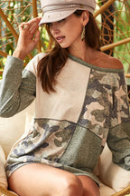 BiBi T-Shirt Color Block Camouflage Out Stitching Round Neck Long Sleeve TAUPE CHARCOAL 9eeb859b-1bd0-4aa9-99db-d784094813c2-Max Trendsi