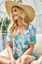 BiBi Tie Dye Womens T-shirt Terry V Neck Pastel Green Top Short Sleeve 9efed3d7be484d42b18afddad50bacae-Max-Origin Trendsi