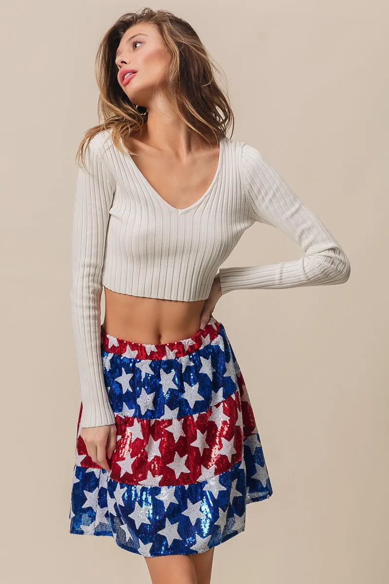 BiBi Sequin Skirt American Flag Theme Star Tiered Short Layered 9f0569cc550047139e3d65d412b87500-Max-Origin Trendsi