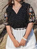 Plus Size Printed Tie-Neck Half-Sleeve Blouse