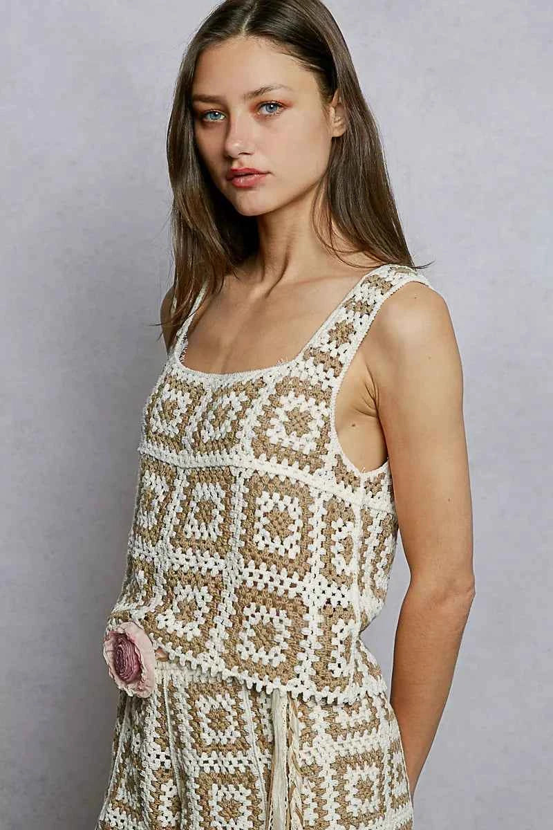 POL Openwork Square Neck Cropped Crochet Tank with Granny Square Weave