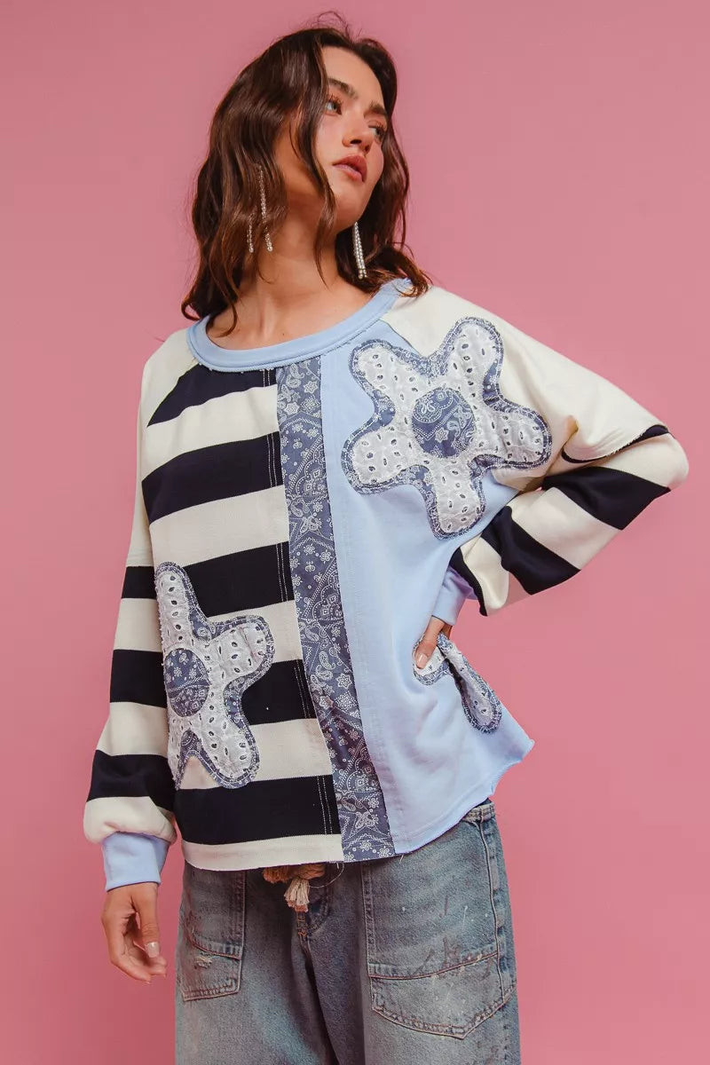 BiBi Sweatshirt Flower Patchwork Striped Round Neck Long Sleeve Top BLUE MIX 9f14599c0ba2414ab5efbf717f7df976-Max-Origin Trendsi