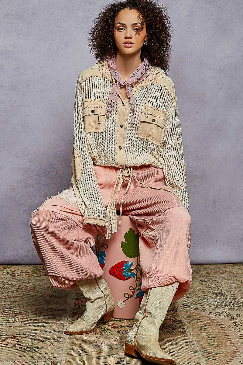 POL Womens Shirt Cream Texture Woven Button Hooded with Drawstring Hem 9f1ce5bd-699c-42f7-905c-10f5d916a7b0-Max-Origin Trendsi