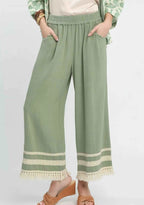 Umgee Wide Leg Pants Lace Trim Fringe Hem Sage Green Trousers SAGE 9f2028ec-9d56-4e7b-816f-0f08840ba39d-Max-Origin Trendsi
