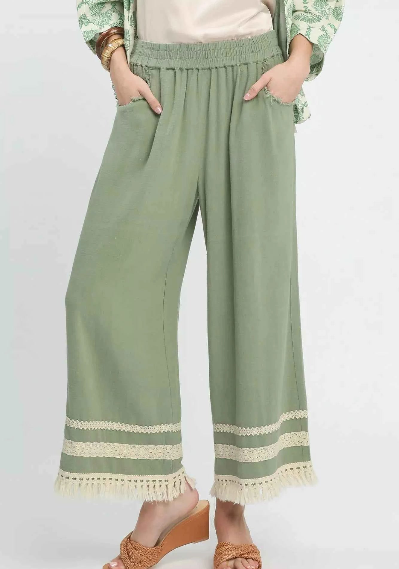 Umgee Wide Leg Pants Lace Trim Fringe Hem Sage Green Trousers SAGE 9f2028ec-9d56-4e7b-816f-0f08840ba39d-Max-Origin Trendsi