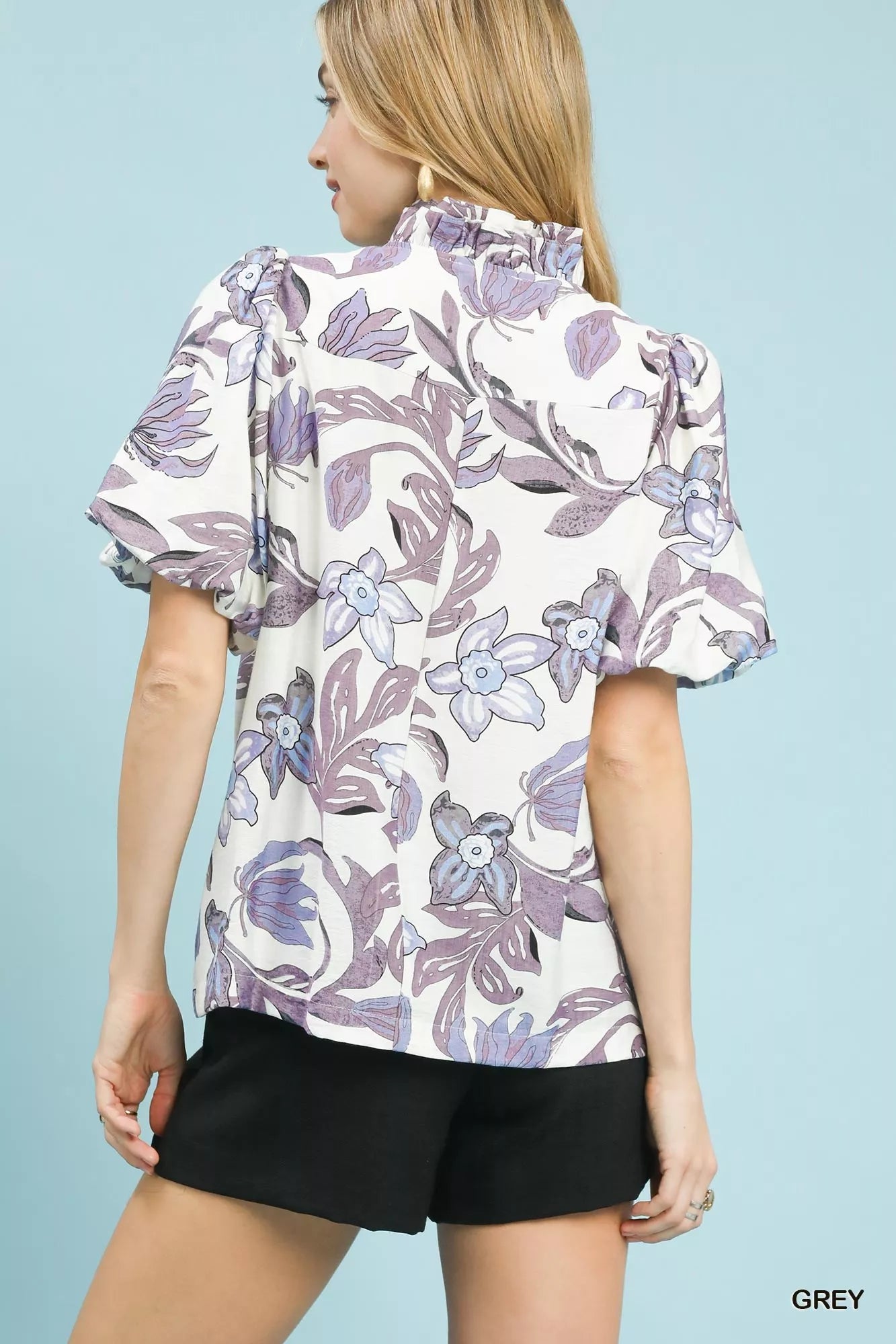 Umgee Womens Blouse Gray Lush Blossom Print Puff Short Sleeve Ruffle Top 9f2d9203-8dc2-462b-b293-fb0dd417ae72-Max-Origin Trendsi