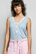 POL Ribbed V-Neck Tank Top with Contrasting Floral Neckband