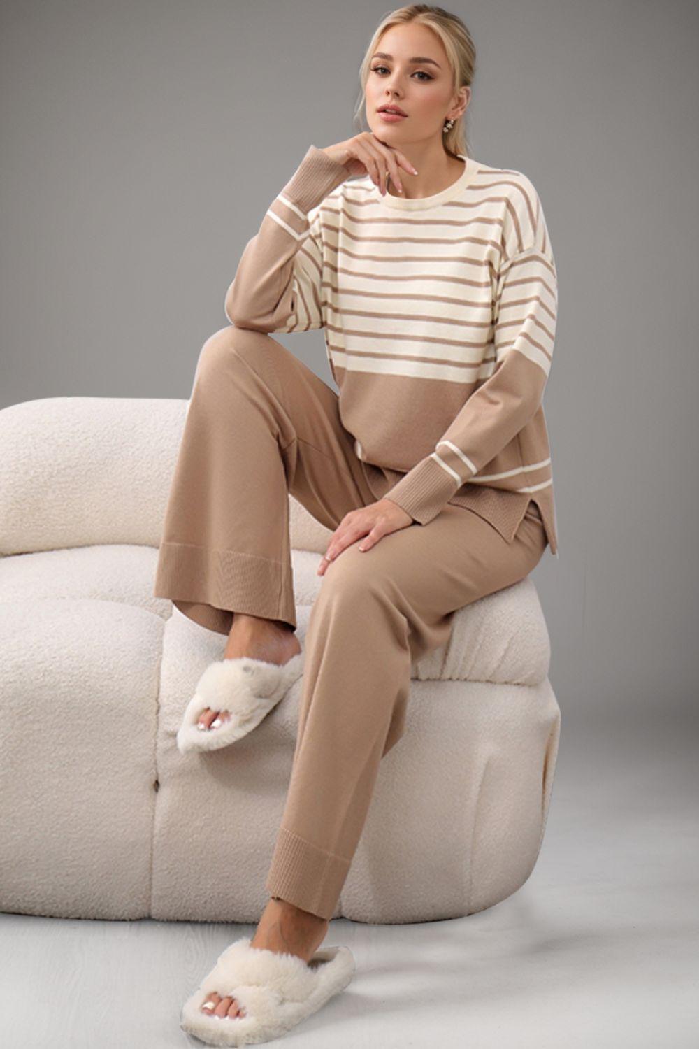 Basic Bae Outfit Sweater Set Striped Round Neck Long Sleeve Top and Pants Set