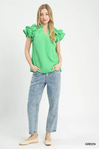 Umgee Blouse Green Textured Ruffle Short Sleeve Notched Top 9f4421cb-4066-4316-b14d-f8de91d63a6b-Max-Origin Trendsi