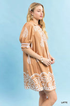 Umgee Babydoll Dress Latte Brown Paisley Mandala Print Short Sleeve Smocked 9f45871c-6de6-40b0-ab33-5d9cba7a2edb-Max-Origin Trendsi