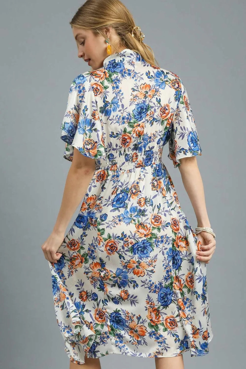 Umgee Floral Dress Royal Blue Flutter Sleeve Bow Tied Collar Knee Length 9f485dd7-d26e-426b-86df-8afb5f9a3f89-Max-Origin Trendsi