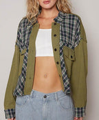 POL Women Plaid Cotton Shirt Olive Button Down Chest Pockets Long Sleeve Olive 9f48a94f-a2d5-4bbf-833d-2c52ae1376b0-Max Trendsi