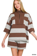 Zenana French Terry Striped Half-Zip Top and Shorts Lounge Set