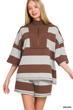 Zenana French Terry Striped Half-Zip Top and Shorts Lounge Set