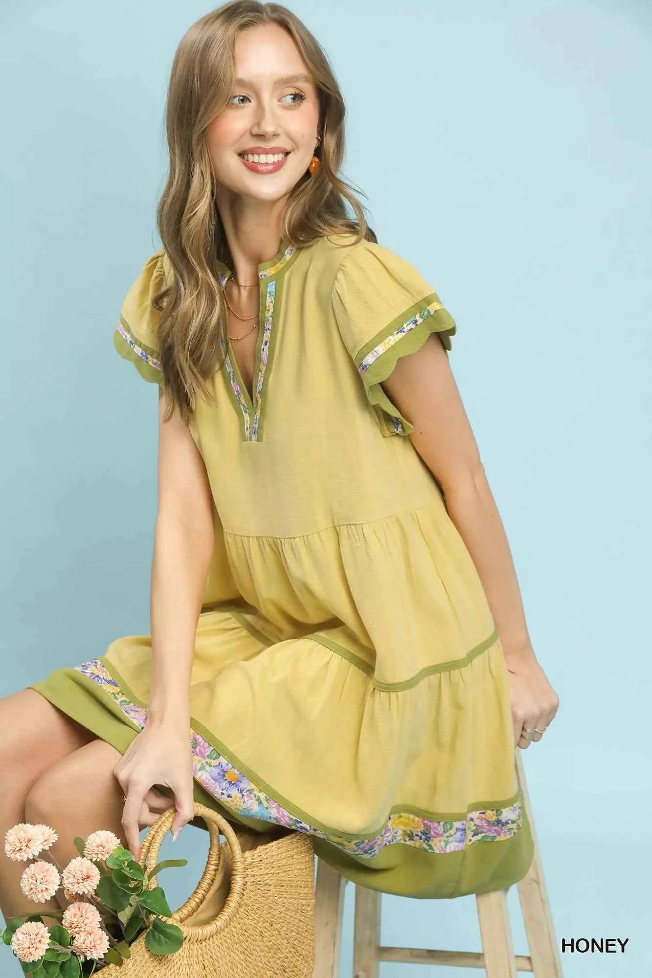 Umgee Linen Tiered Flutter Sleeve Dress with Floral Trim