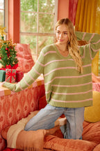 BiBi Womens Sweater Striped Sage Green Long Sleeve Oversized Pullover 9f5d30bd1b8f4efb892fafb864695e08-Max-Origin Trendsi