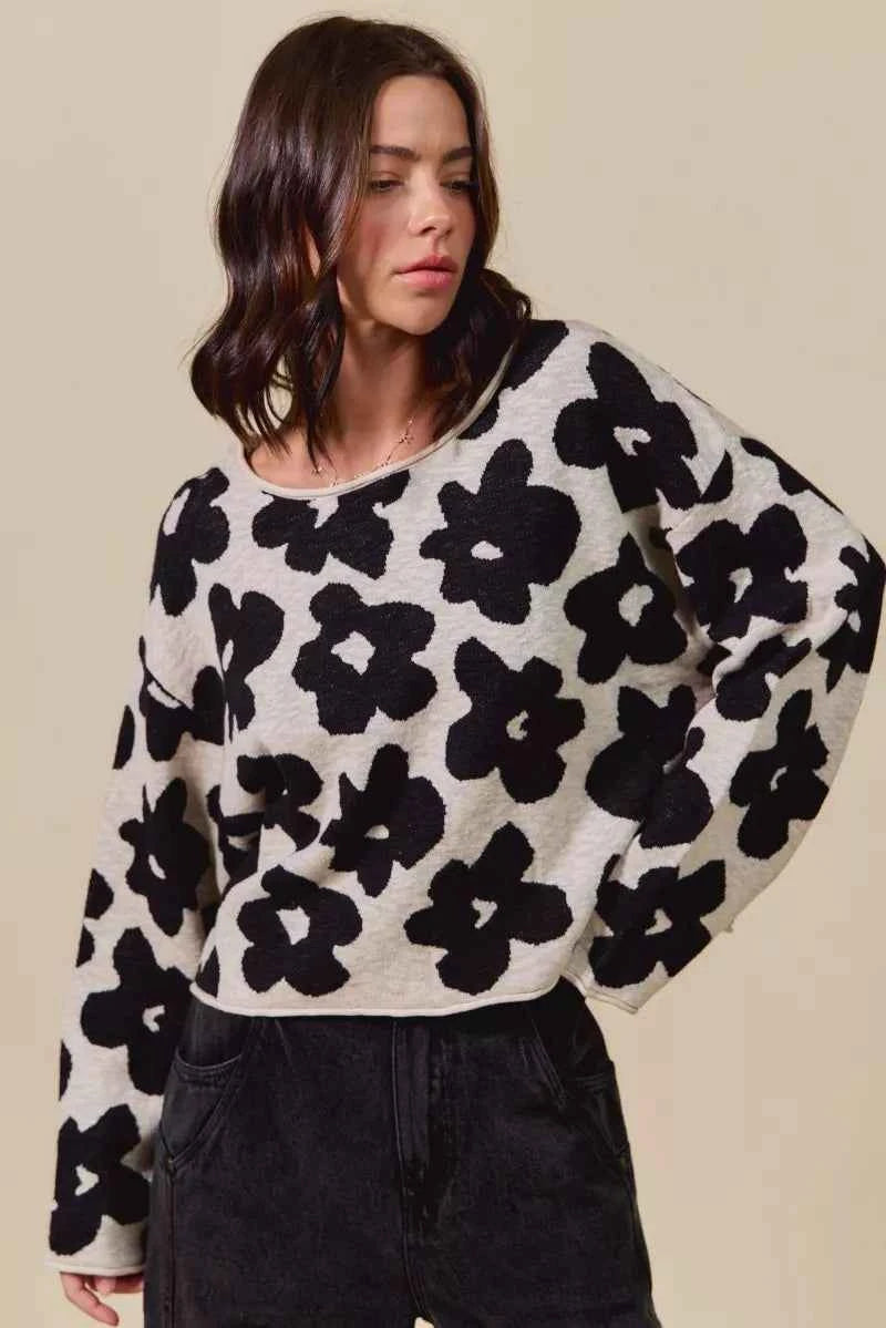 SO ME Women Sweater Floral Black Loose Fit Flower Lightweight Knit Top BLACK OATMEAL 9f62b0b3d464462b976f771966fa5956-Max-Origin Trendsi
