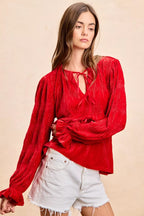 BiBi Christmas Theme Velvet Bow Tied Top With Neck Drop 9f679a4f2e2a421dbceef60a6e61d20e-Max-Origin Trendsi