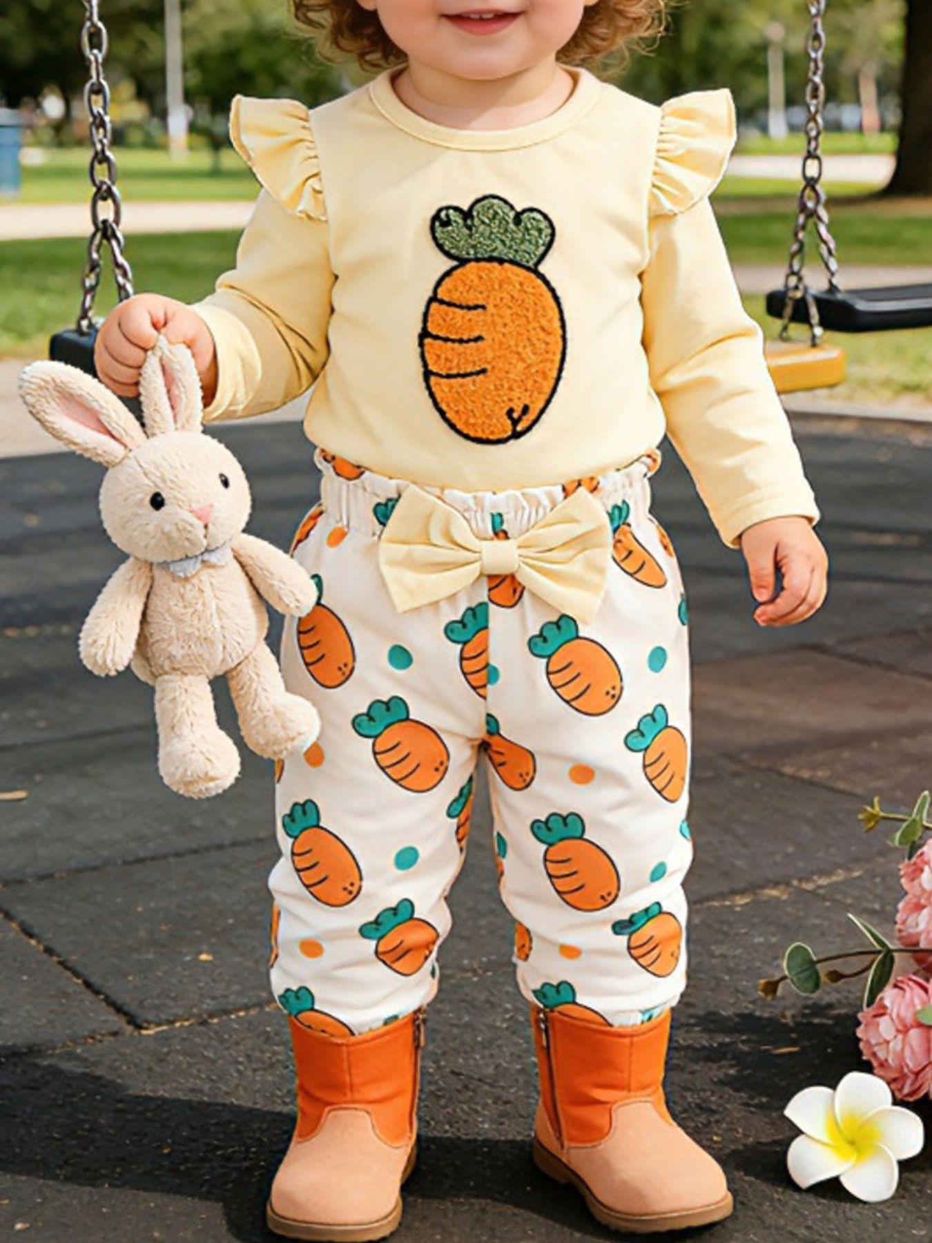 Children's Ruffled Long Sleeve Top and Carrot Print Pants Set with Headband