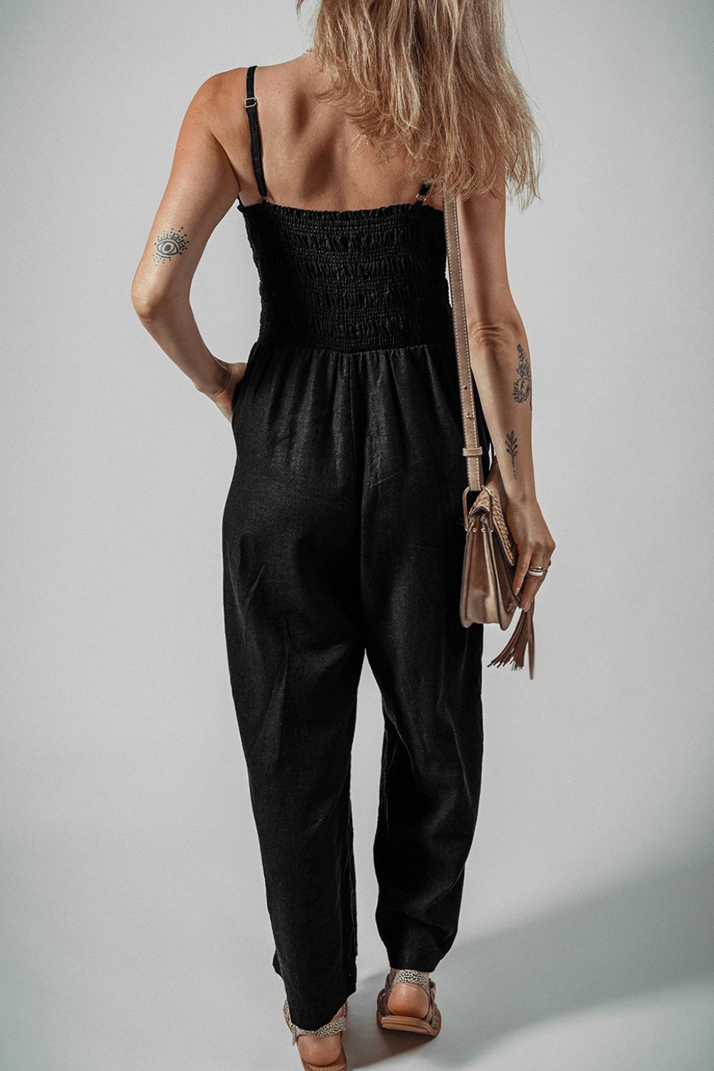 Jumpsuit Black Smocked Spaghetti Straps Wide Leg Overall 9f69cd78-d8e9-4fee-9793-3b7e33199228-Max Trendsi