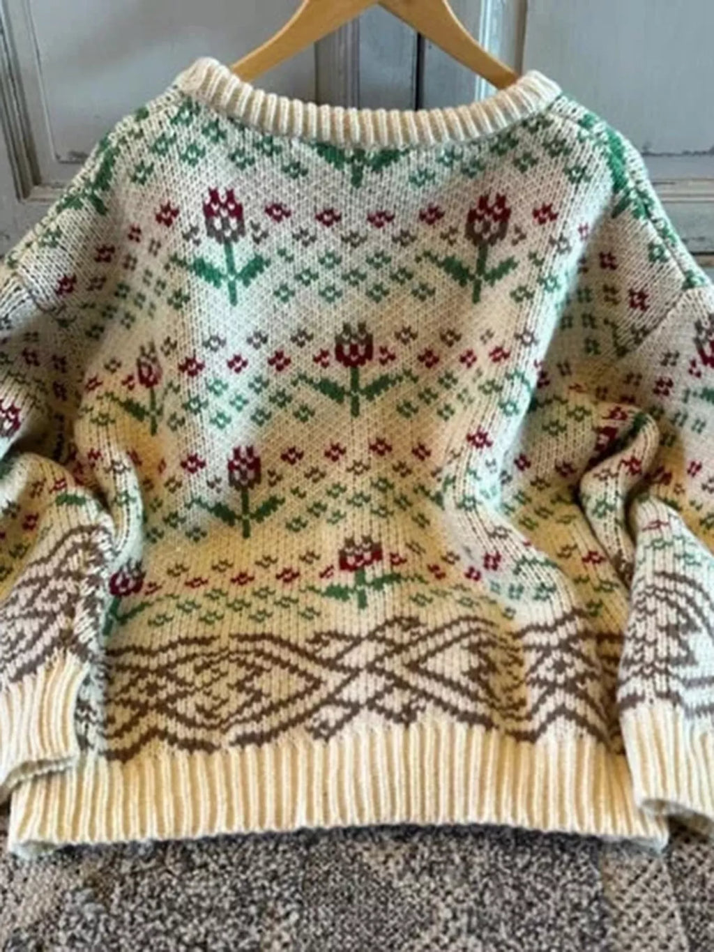 Women's Cardigan Beige Floral Knit Pattern Button-Up Long Sleeve 9f6b2ee8-66b8-4a54-a5f1-6e69a2091f86-Max-Origin Trendsi