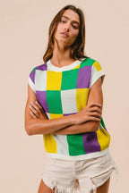 BiBi Womens Sweater Knit Top Mardi Gras Checker Pattern Sleeveless 9f7f717f19544fbe8a2437e5038d8001-Max-Origin Trendsi