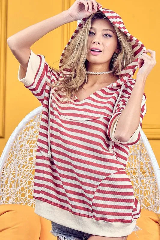 BiBi Hoodie Stripe Fleece Notch Neck Short Sleeve MARSALA CREAM 9f86f93b-b5d2-4215-8b67-511b0f762ba5-Max-Origin Trendsi