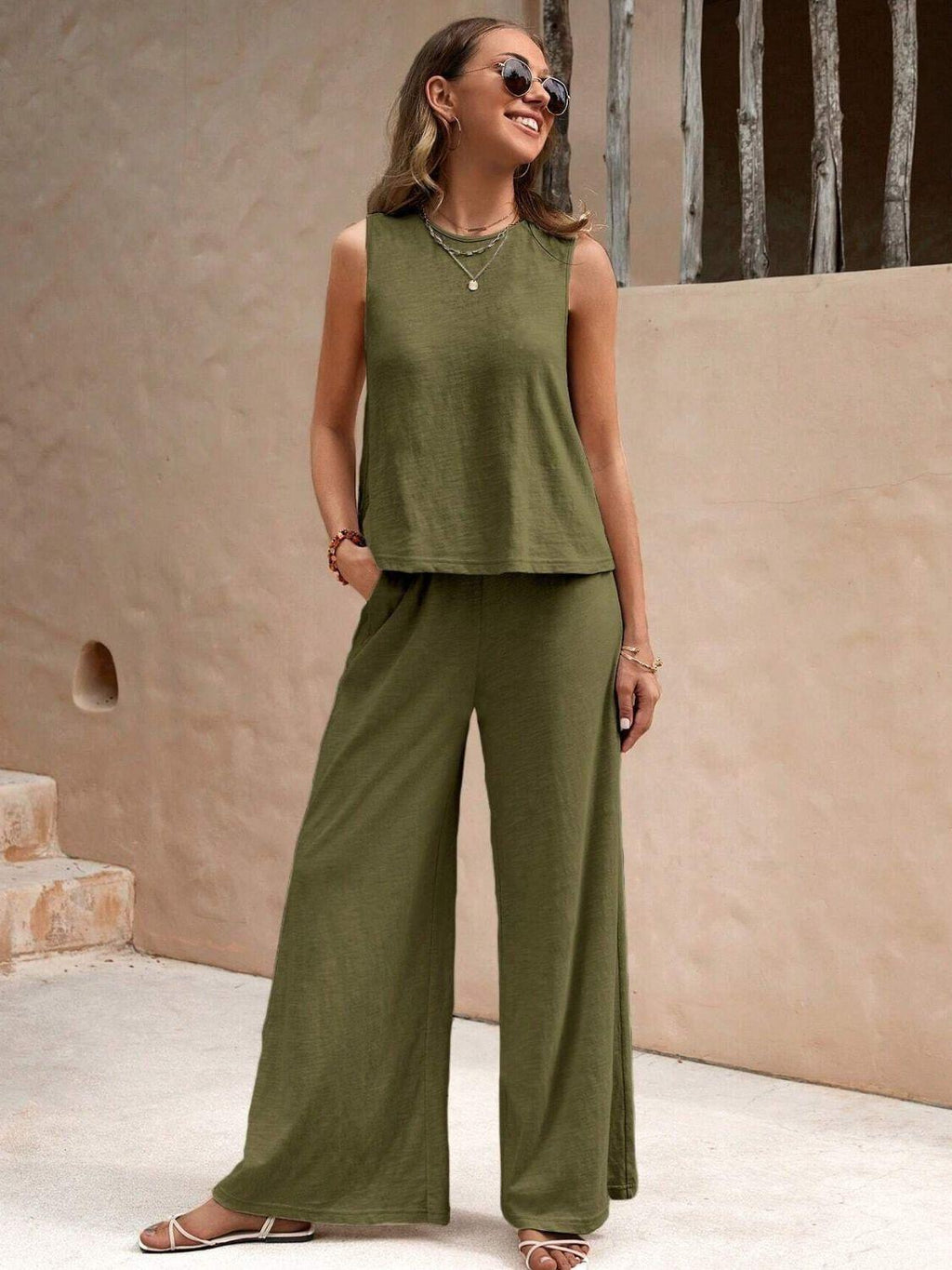 Outfit Set 2 Pcs Women's Round Neck Sleeveless Top and Wide Leg Pants Set Army Green 9f896d11-5964-418e-b06d-e3d5627311b1-Max_aa25fadc-9904-43e7-9f0e-6e6956bce5d2 STYLEINGER