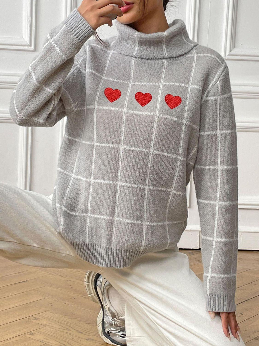 Heart Plaid Sweater Turtleneck Long Sleeve Casual Knitwear Light Gray 9f8b4cd7-6729-45f3-a2fd-3a47a92cab27-Max Trendsi