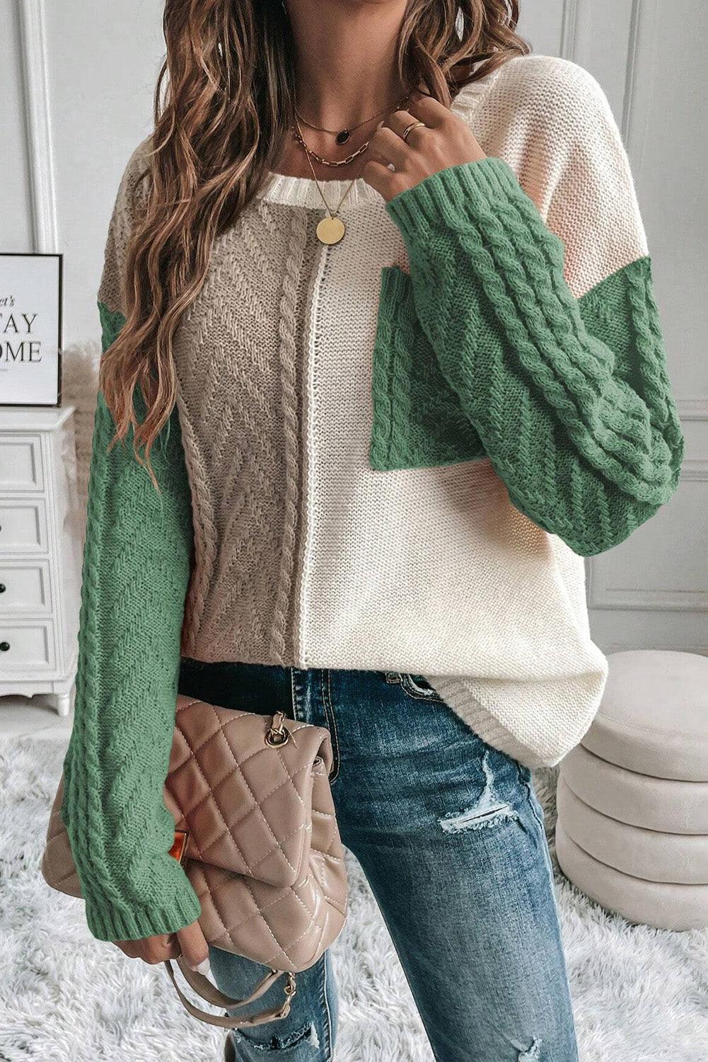 Sweater Color Block Round Neck Long Sleeve Knit pullover Matcha Green 9fa034ed-13de-4777-8832-a2926b63ac77-Max Trendsi
