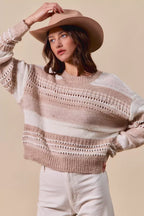 SO ME Womens Sweater Taupe Variegated Stripe Openwor Textured Loose Fit 9fa0db0ba3cd42c696e122553c3e21a9-Max-Origin Trendsi