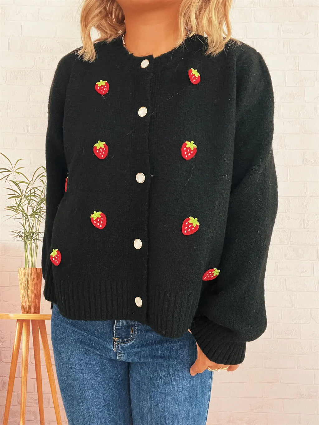 Women's Cardigan Strawberry Button Up Long Sleeve Soft Knit Black One Size 9fa0fd868cc645a0bdb0283ac8b5b692-Max-Origin Trendsi