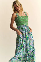 Davi & Dani Midi Dress Multi Green Floral Smocked Bodice Geo Ruffle Strappy Hunter Green 9fa8896a75044a4d8706b0c7dabab32d-Max-Origin Trendsi