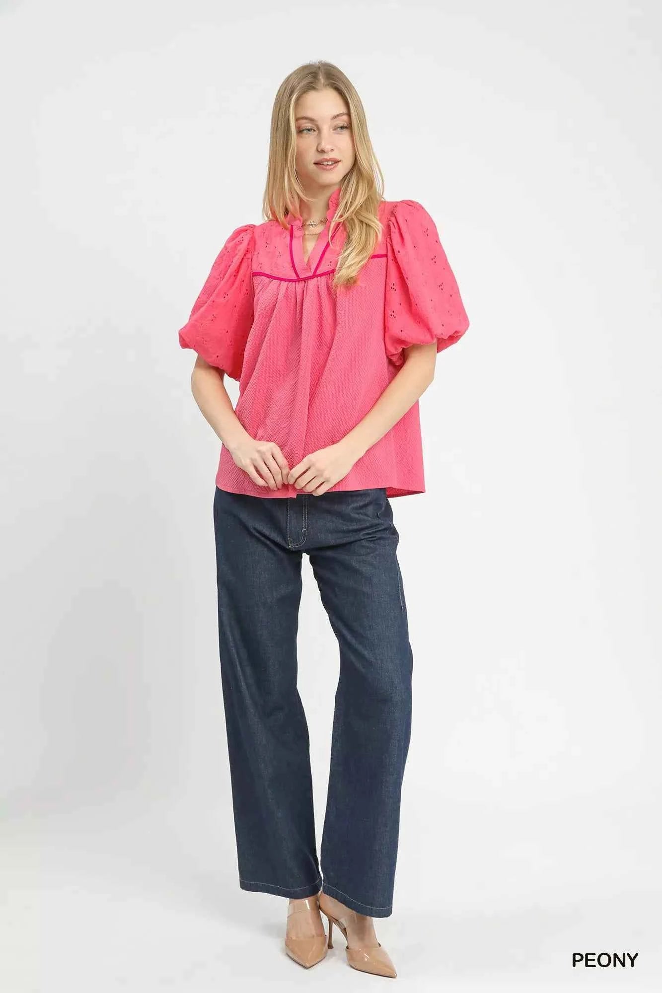 Umgee Blouse Eyelet Mix Puff Short Sleeve Top with Contrast Piping Peony Pink 9faee8bc-a505-45c9-b1d1-3765437e6f23-Max-Origin Trendsi