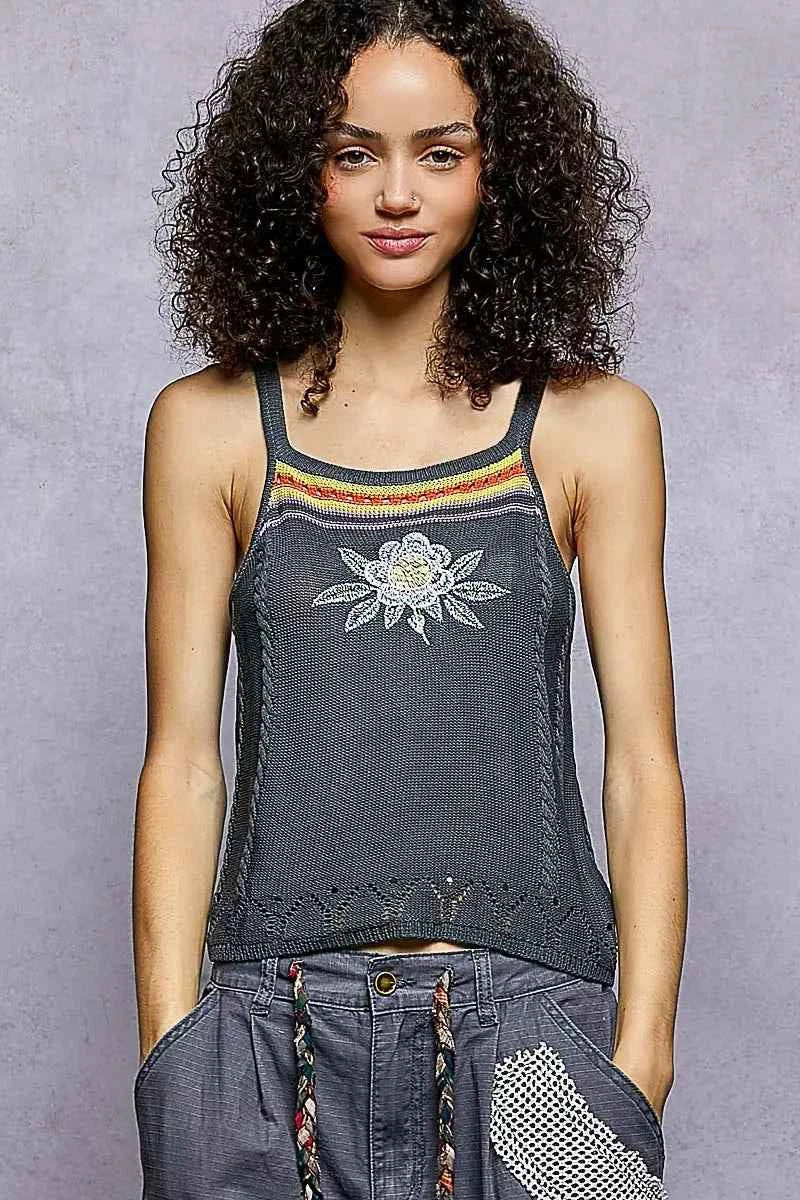 POL Knit Cami Embroidered Floral Square Neck Top CHARCOAL 9fb8a9e3-620a-469f-b946-004c7b9672c7-Max-Origin Trendsi