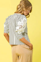 Umgee Blouse Black Striped Lace Puff Short Sleeve Women's Top 9fbbfd8e-8f49-46b1-9233-8db778435970-Max-Origin Trendsi