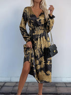 Perfee Midi Dress Gold Printed Surplice Long Sleeve V Neck Elastic Belt 9fc0eda2-e8c2-4f31-af76-2c9feade9b63-Max Trendsi
