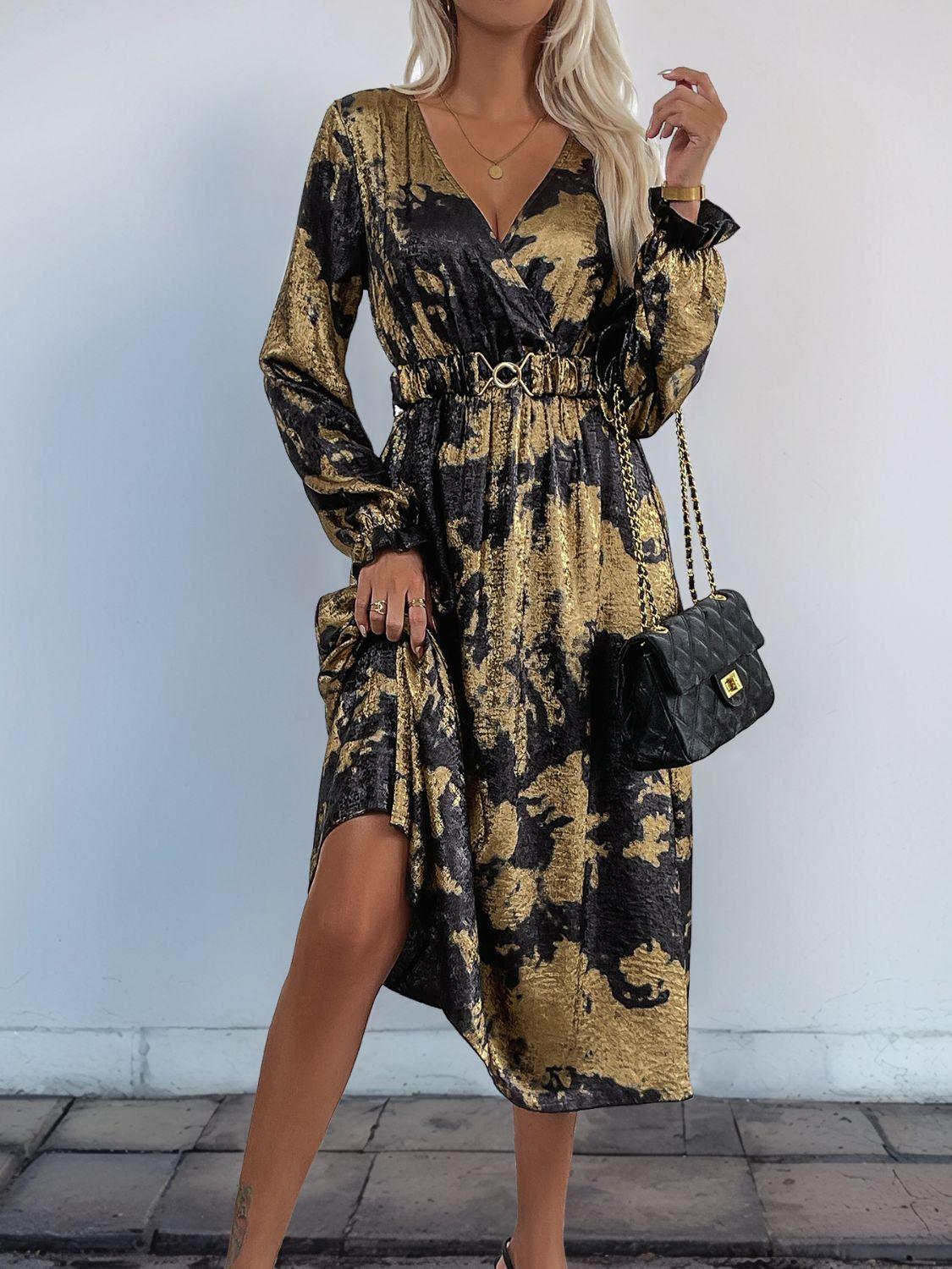 Perfee Midi Dress Gold Printed Surplice Long Sleeve V Neck Elastic Belt 9fc0eda2-e8c2-4f31-af76-2c9feade9b63-Max Trendsi