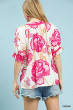 Umgee Womens Blouse Floral Cream Pink V-Neck Puff Short Sleeve Top 9fd4a3c8-fd44-4708-a500-364e0c821d1b-Max-Origin Trendsi