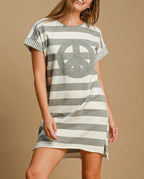 Umgee Mini Dress Peace Applique Striped Short Sleeve Side Slit High-Low Gray 9fdb49fd-2f93-43a4-9782-252cea4d4543-Max Trendsi
