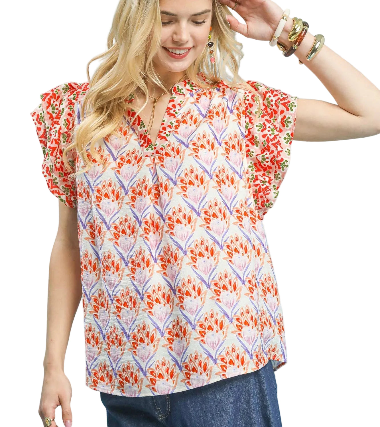 Umgee Double Ruffle Sleeve Floral Blouse