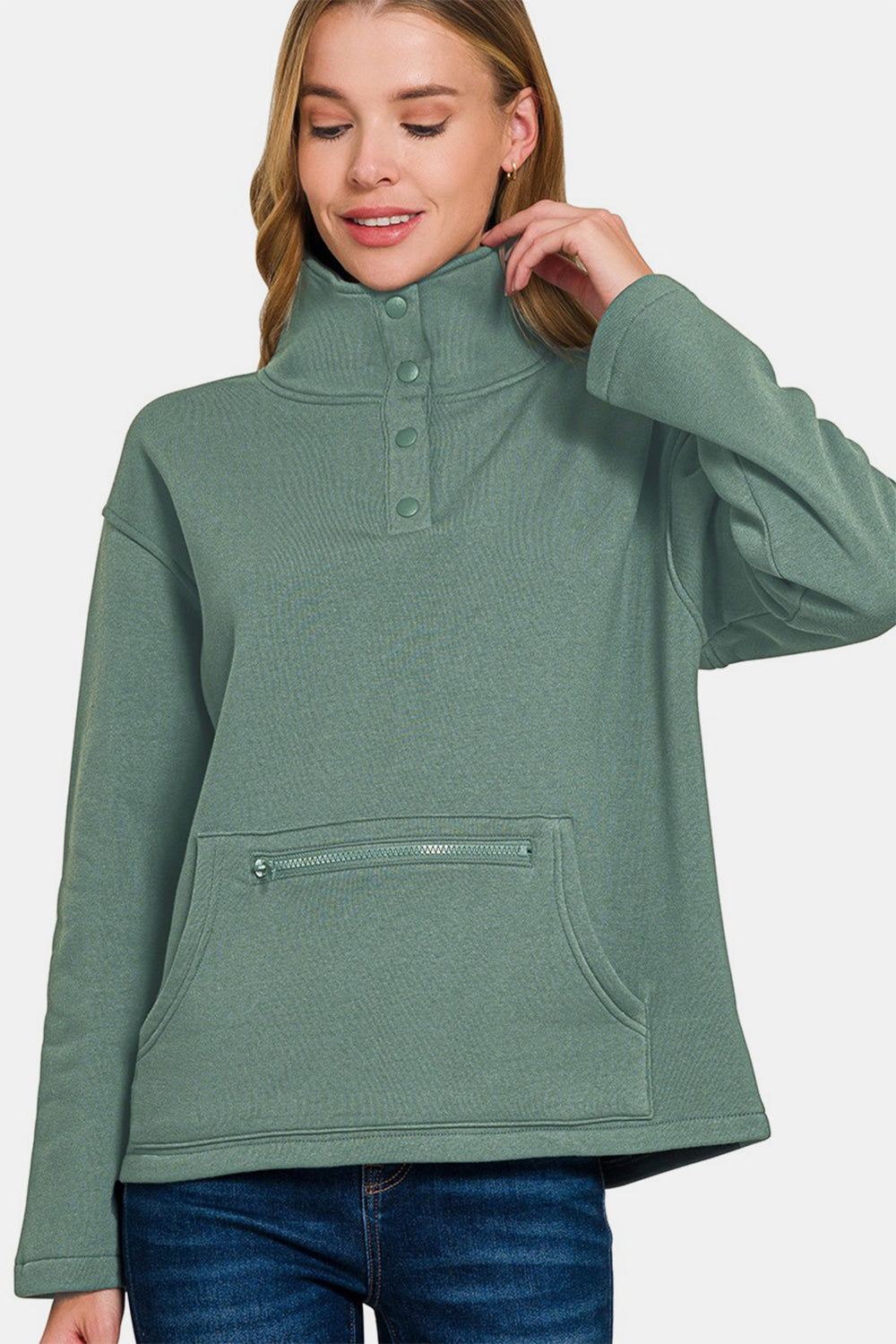 Zenana Sweatshirt Turtleneck Half Snap Fleece Long Sleeve Cotton Ash Jade