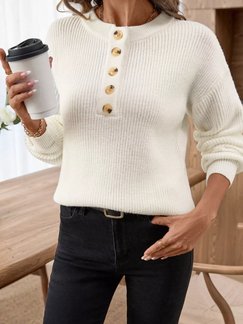 Women's Sweater Beige Button Detail Long Sleeve Knit Pullover 9feb797a2b76464f8d3b0c66e3e459df-Max-Origin Trendsi