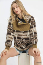 Umgee Womens Sweater Brown Aztec Print Sherpa High Neck Snap Pullover 9feb7fef-75f5-43f1-981d-b9d634263781-Max-Origin Trendsi