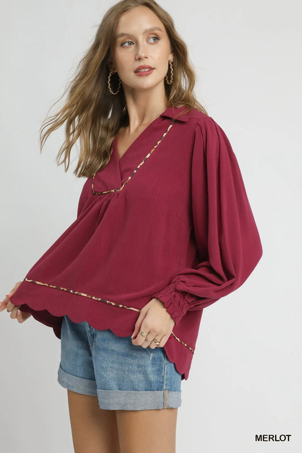 Umgee Linen Blouse Scallop Hem with Contrast Trim Plus Sizes Top 9fed8d4c-0393-4b58-a811-d00357659c15-Max-Origin Trendsi